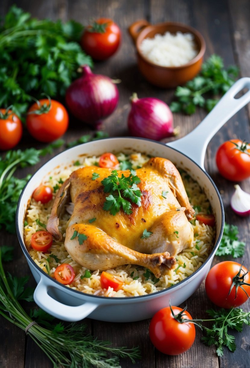 A steaming dish of chicken and rice bake, surrounded by fresh ingredients like tomatoes, onions, and herbs, sits on a rustic wooden table